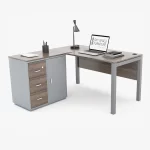 Exquisite Series. L-Shape Desk with Built-In Storage. Pewter Halifax Oak
